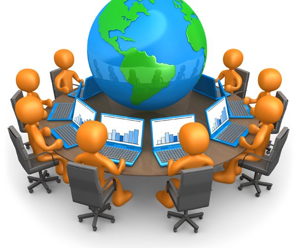 Royalty-free 3d computer generated business clipart picture of a group of orange people working on laptops at a round table with a globe in the center, on a white background with shading.